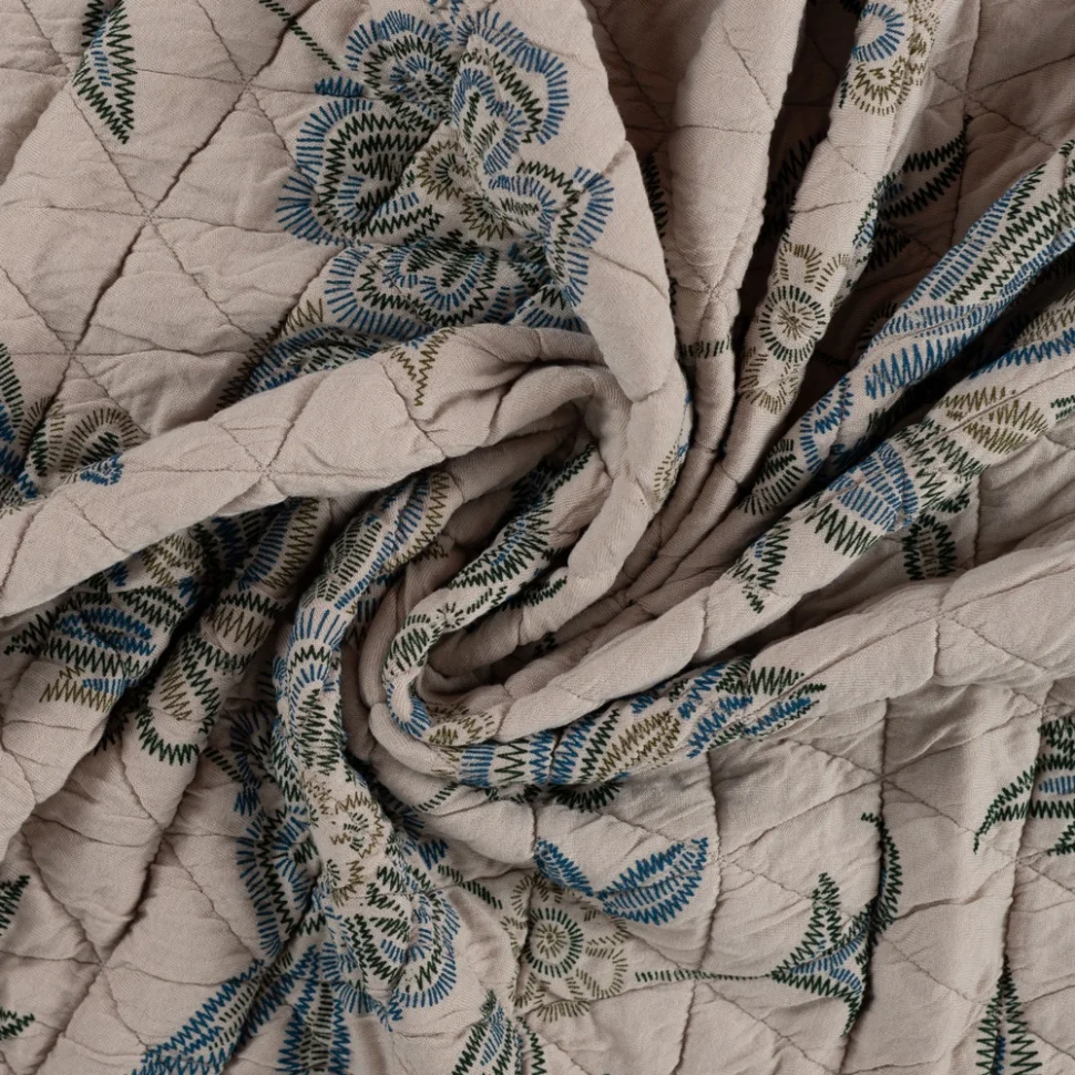 Tissu Matelassé réversible fleurs stylisées brodées Bleu sur fond Grège