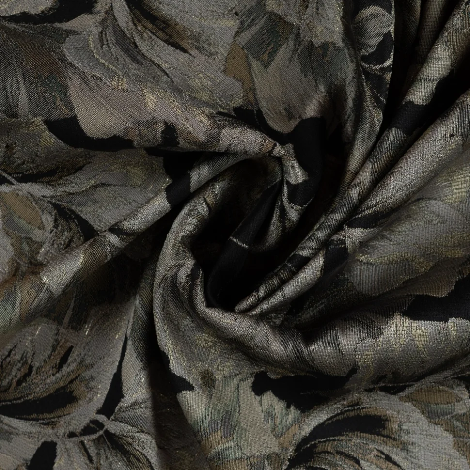 Tissu Jacquard Lurex Daisy feuillage Kaki et Taupe sur fond Noir
