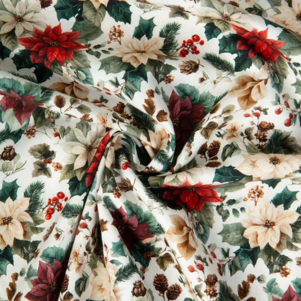Tissu Popeline de Coton digital imprimé étoile de Noël Rouge et Ecru sur fond Ecru