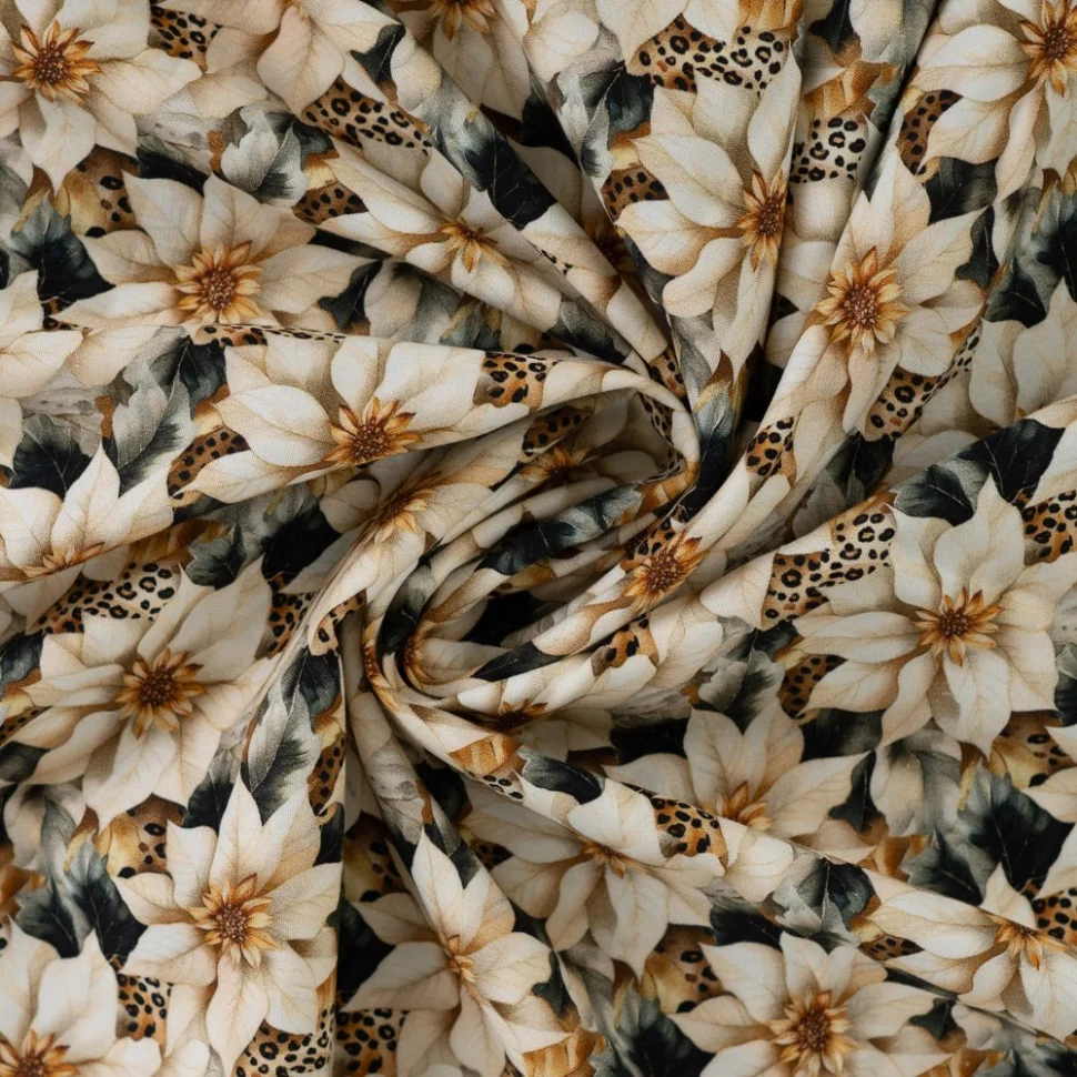 Tissu Popeline de Coton digital imprimé Fleur de Noël Ecrue sur fond Noir