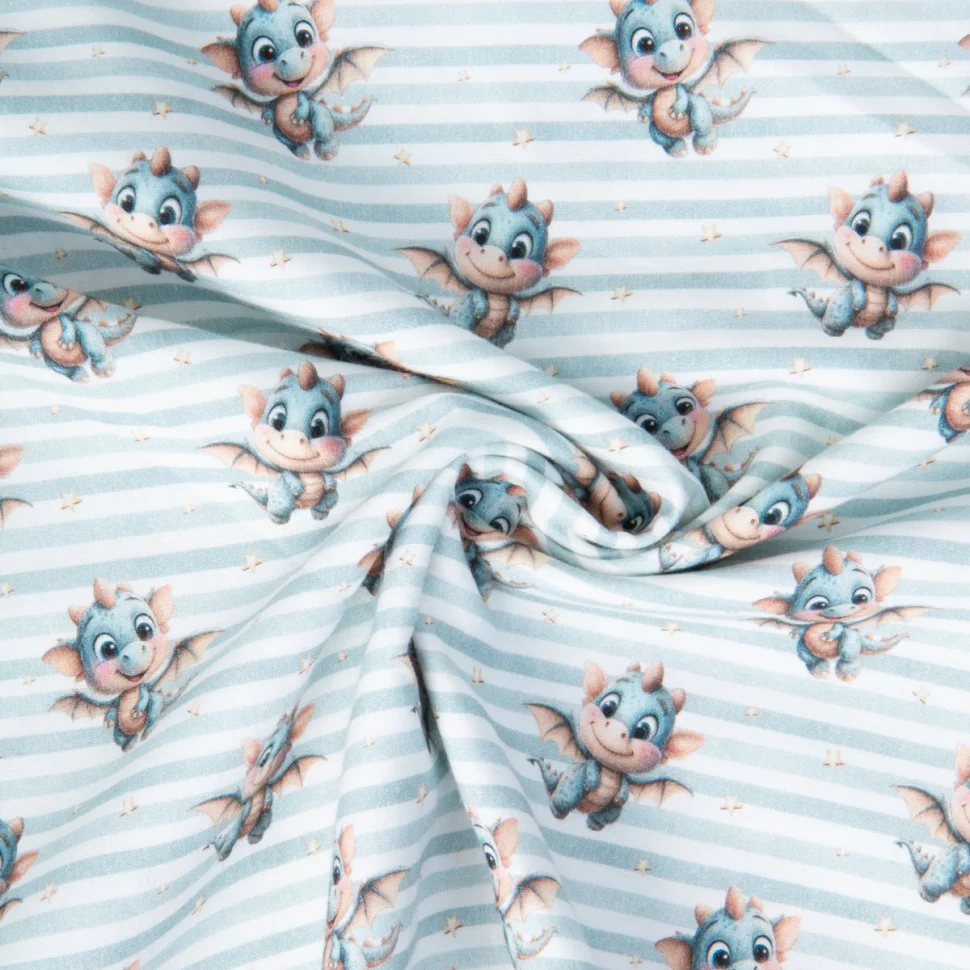 Tissu Popeline de Coton digital imprimé Elliott petit dragon sur fond Blanc