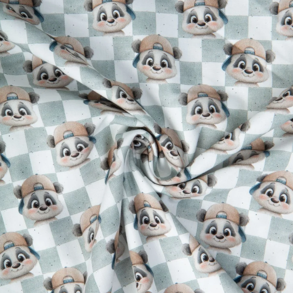 Tissu Popeline de Coton digital imprimé Panda casquette damier Gris sur fond Blanc