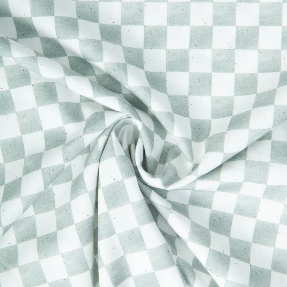 Tissu Popeline de Coton digital imprimé damier Gris sur fond Blanc