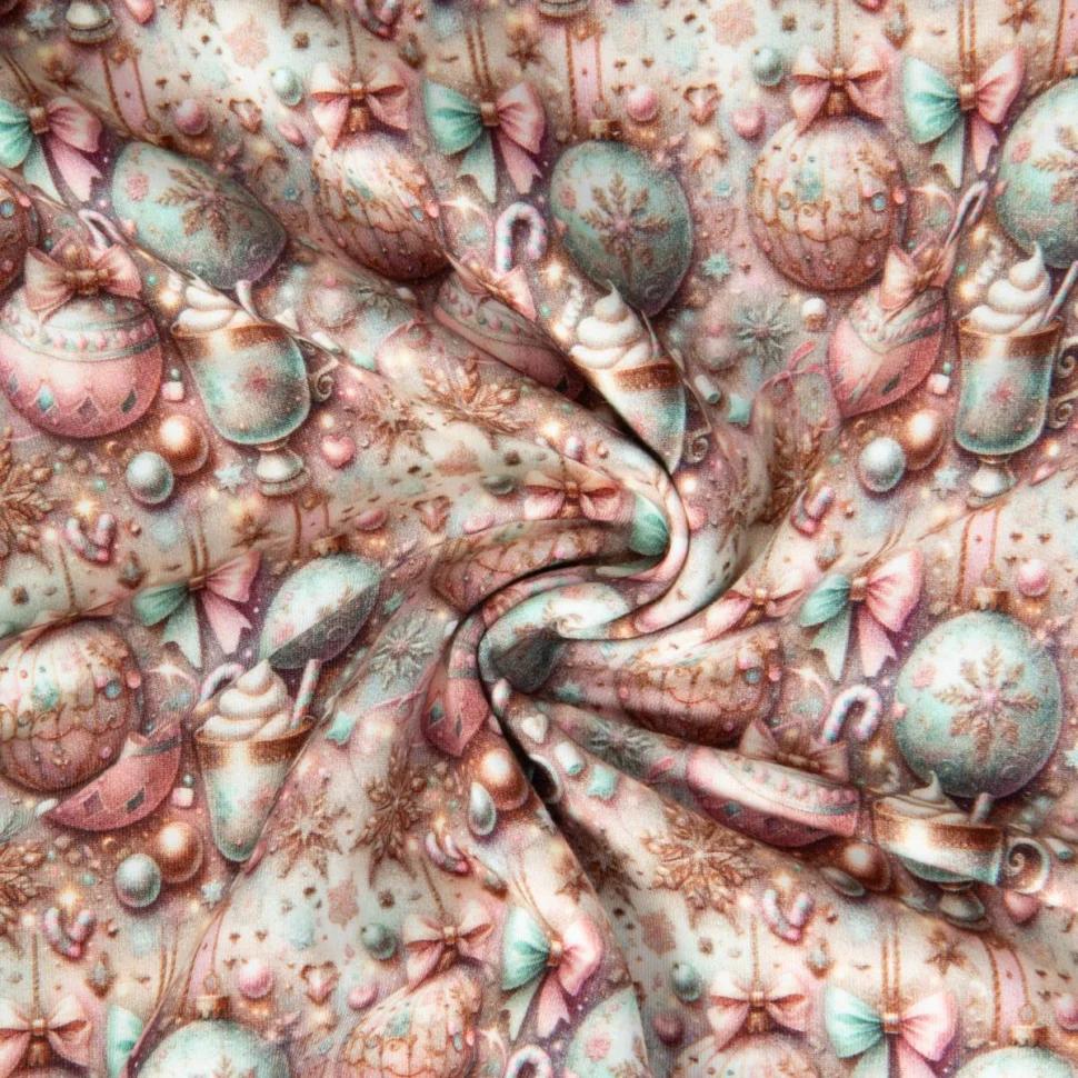 Tissu Sweat léger French Terry digital Célestine Noël gourmand sur fond Beige nougat