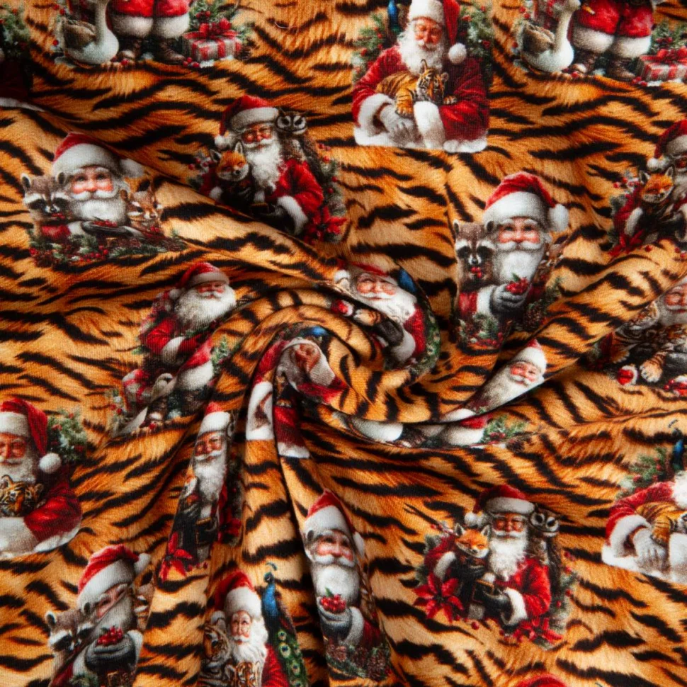 Tissu Sweat léger French Terry digital Noël sauvage Tigre sur fond Noir