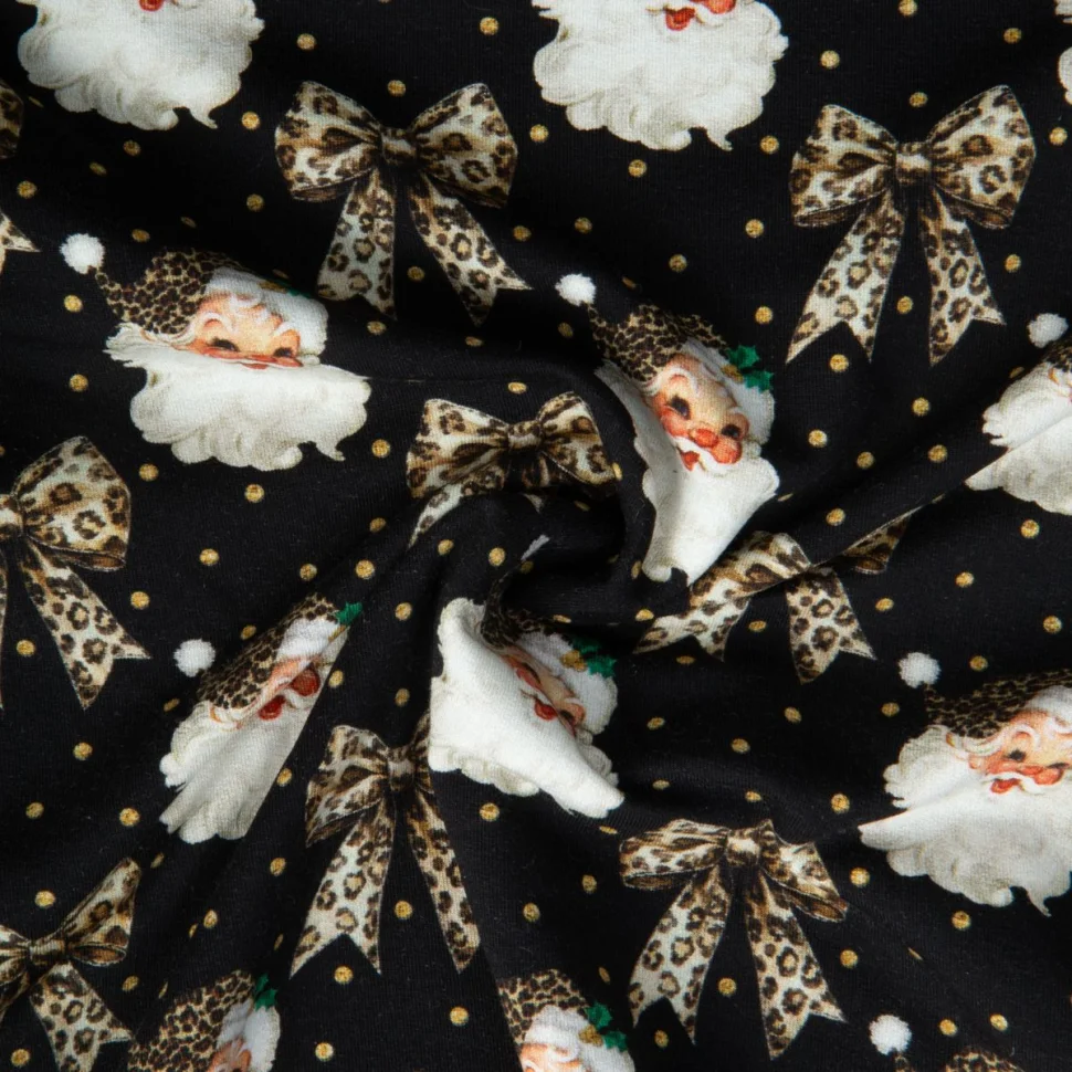 Tissu Sweat léger French Terry digital Santa père Noël rétro sur fond Noir