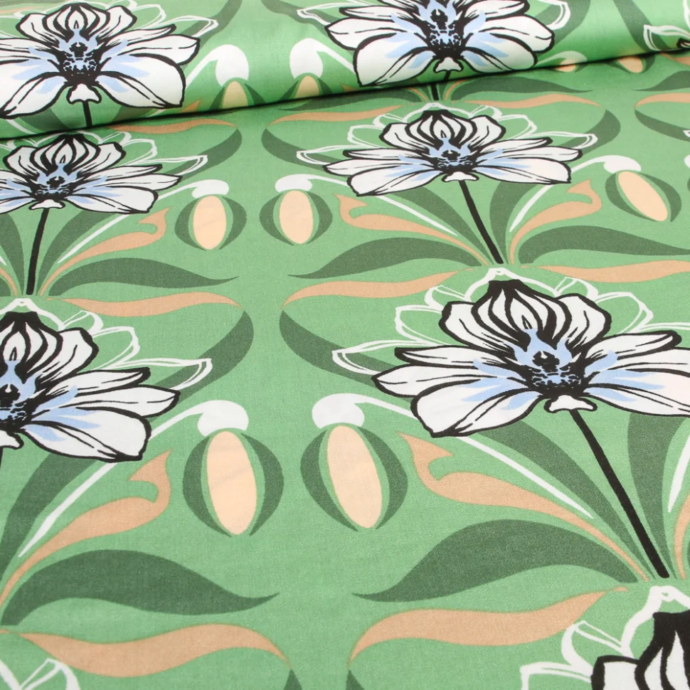 Tissu Viscose satiné Fleur de Lys sur fond Vert menthe
