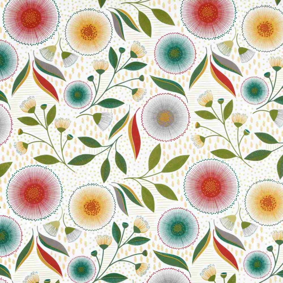 Tissu Coton Cretonne enduit Helena fleurs stylisées Multicolores sur fond Blanc cassé