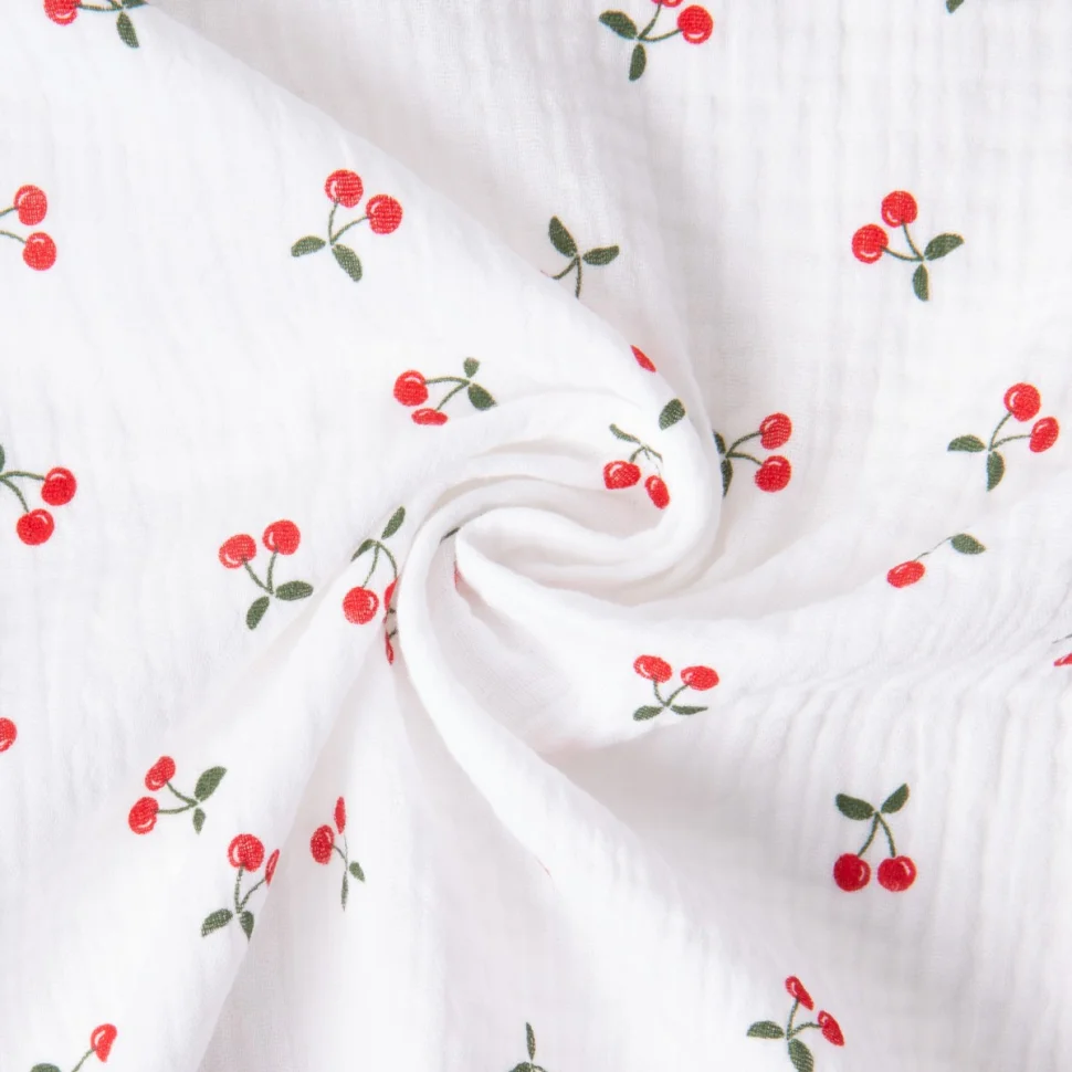 Tissu Double gaze de Coton Ruby petites cerises sur fond Blanc
