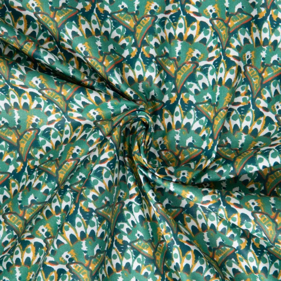 Tissu Coton imprimé Batllo correze éventails Vert émeraude sur fond Bleu pétrole