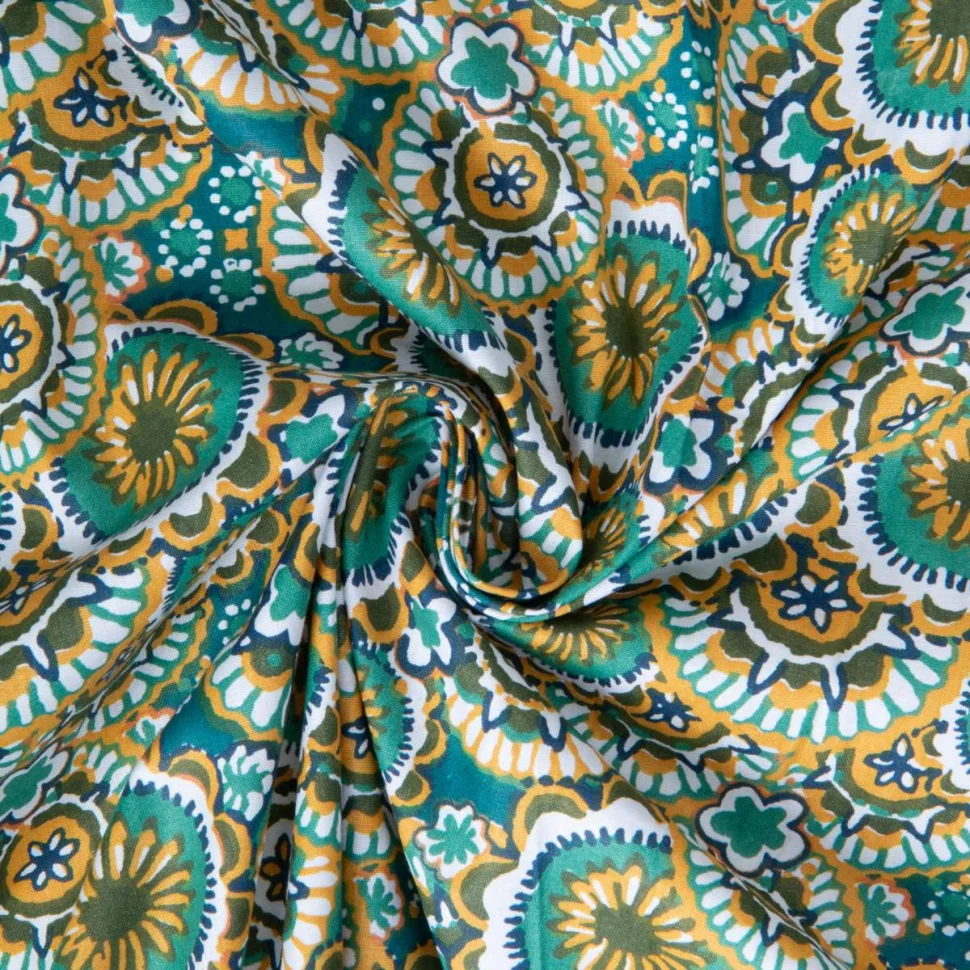 Tissu Coton imprimé Gaudi correze rosaces Vert canard sur fond Bleu pétrole