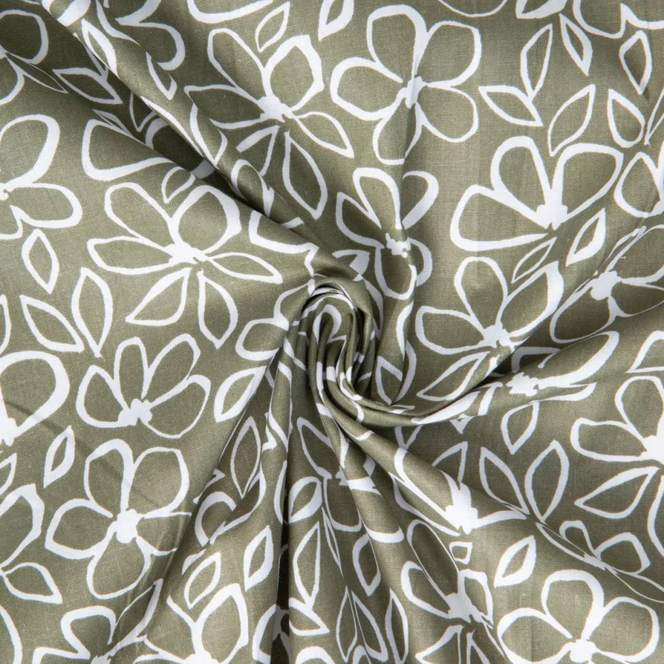 Tissu Coton imprimé Flowa correze fleurs Blanc sur fond Vert kaki clair