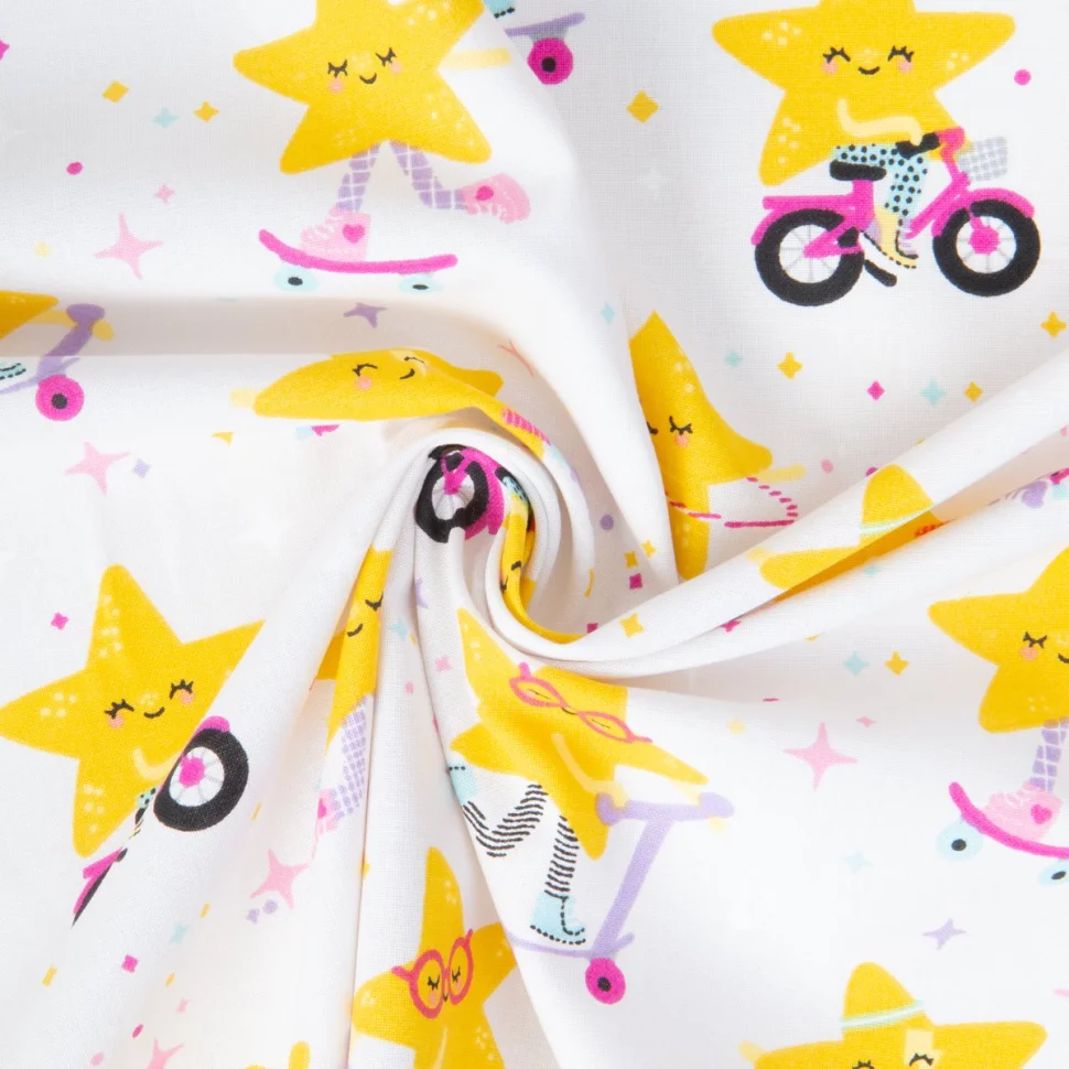 Tissu Coton imprimé Lilou happy stars sur fond Blanc