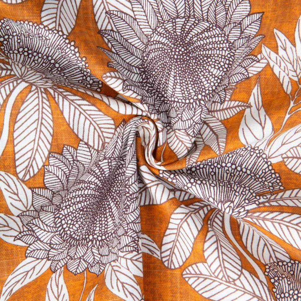 Tissu Toile de Coton Ardèche grandes fleurs Blanc sur fond Rouille chiné