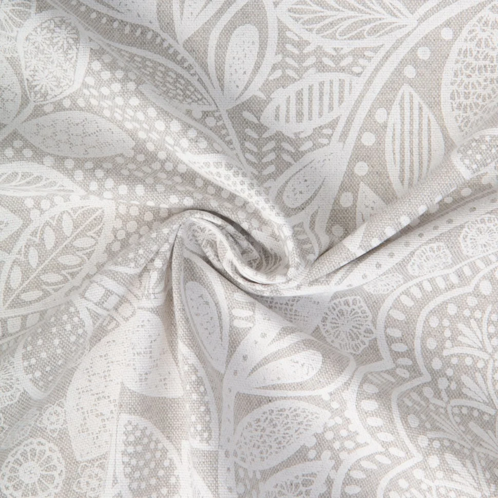 Tissu Toile de Coton Savoie grandes feuilles Blanc sur fond Gris clair