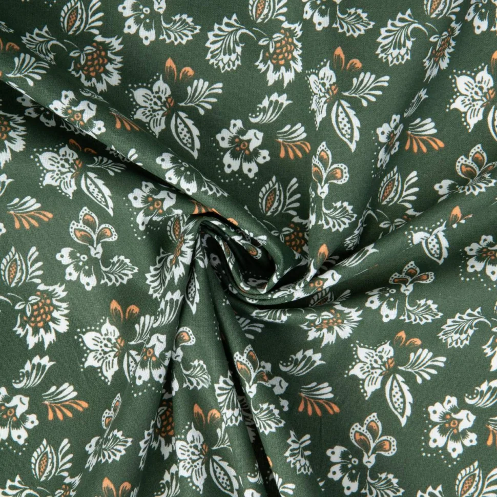Tissu Coton imprimé Chanda herault fleurs de Noël sur fond Vert sapin