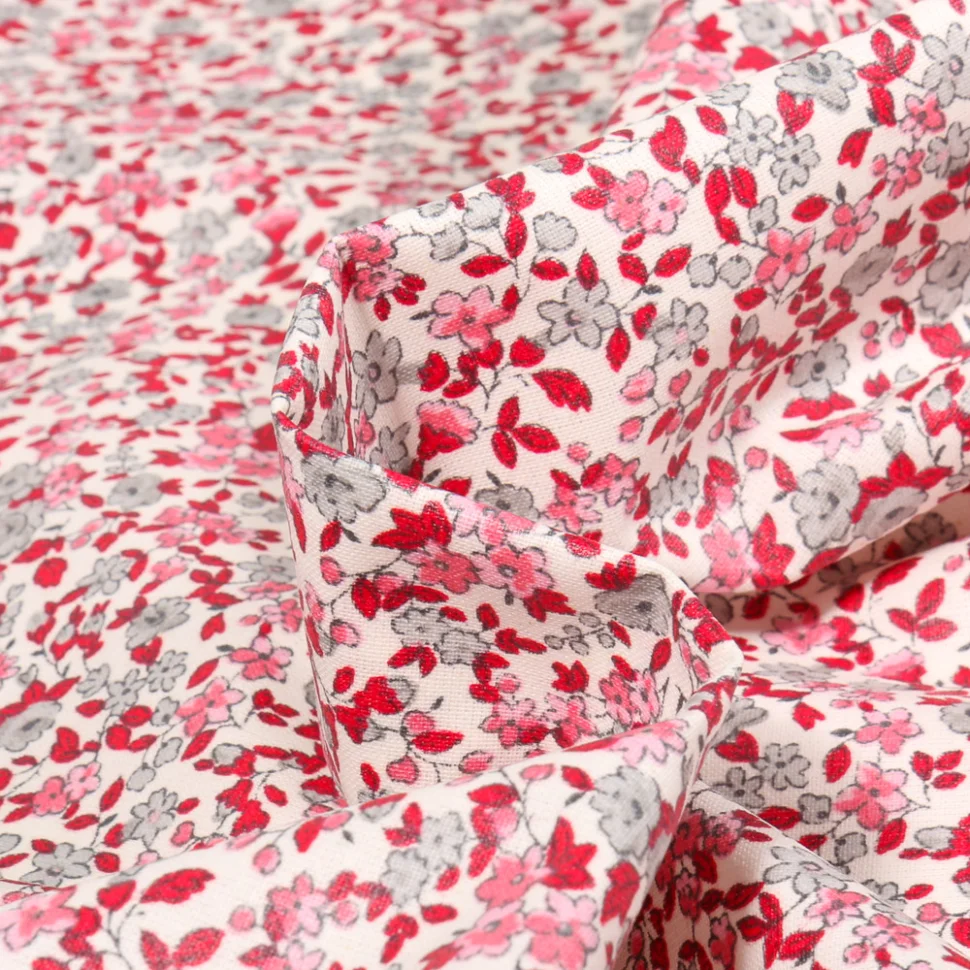 Tissu Coton enduit Léonie gris et rouge sur fond Blanc cassé