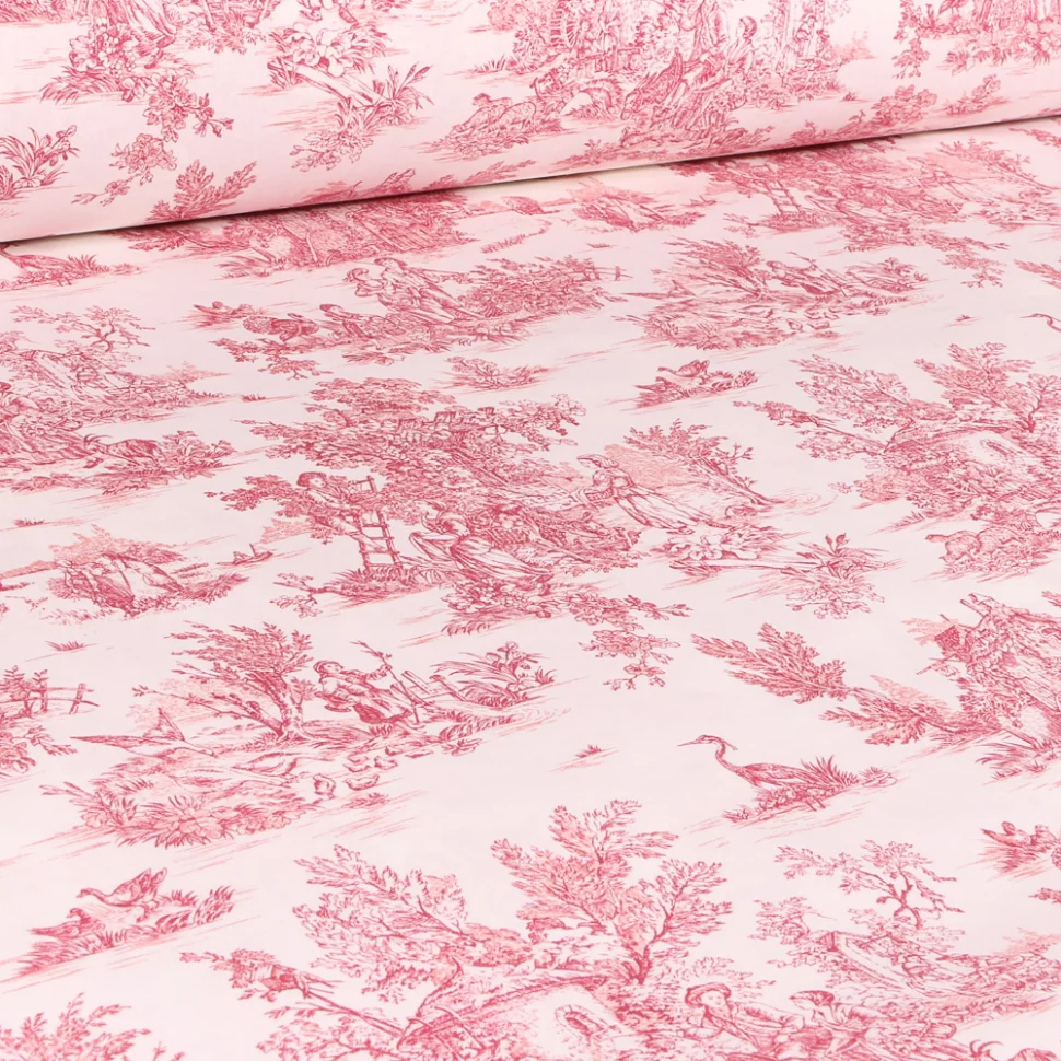 Tissu Coton imprimé grande largeur Jouy rouge sur fond Blanc cassé