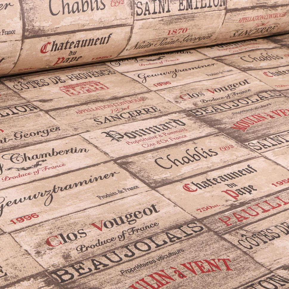 Tissu Toile de Coton Cuvée de vins sur fond Beige