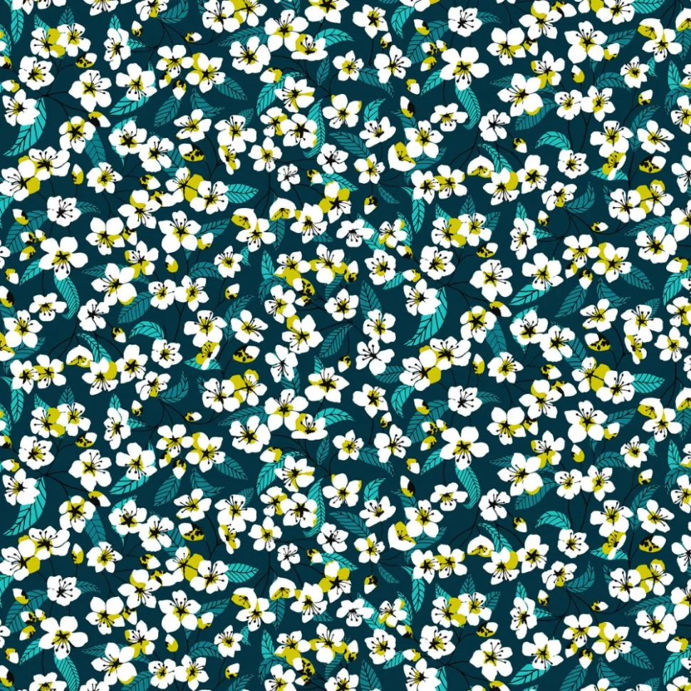 Tissu Coton imprimé Miyu sur fond Bleu pétrole