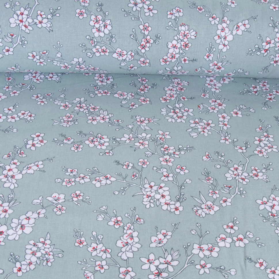 Tissu Coton imprimé Fleur d'amandier sur fond Bleu gris