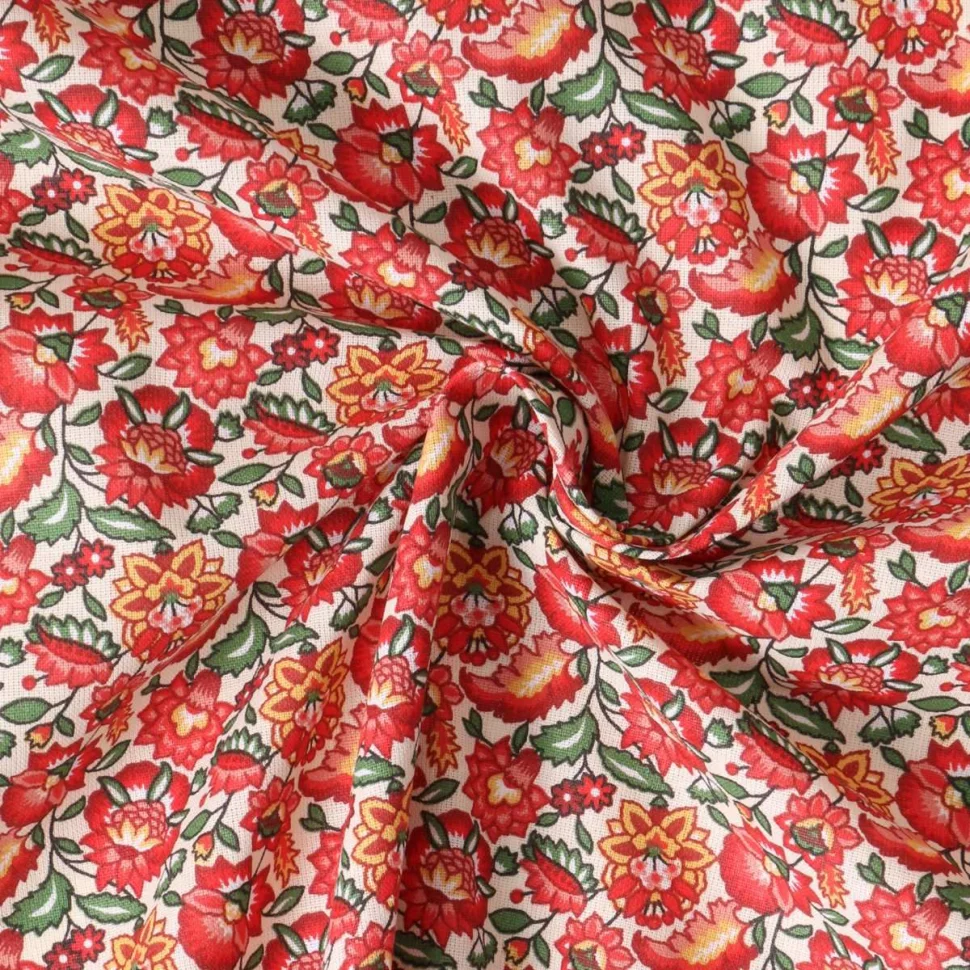 Coupon Tissu Coton imprimé Arty Mirelda fleurs vintage Rouges sur fond Blanc