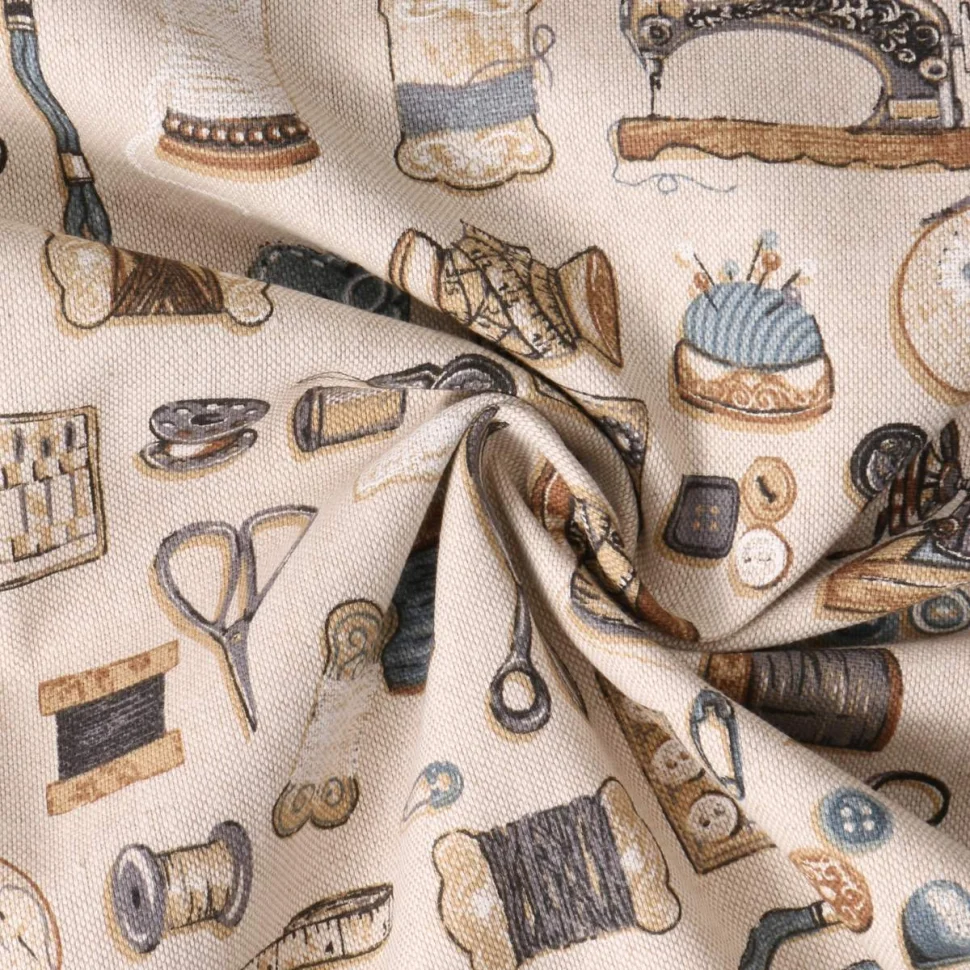 Coupon Tissu Toile de Coton  Atelier Couture Gris sur fond Beige - Coupon de 150 cm