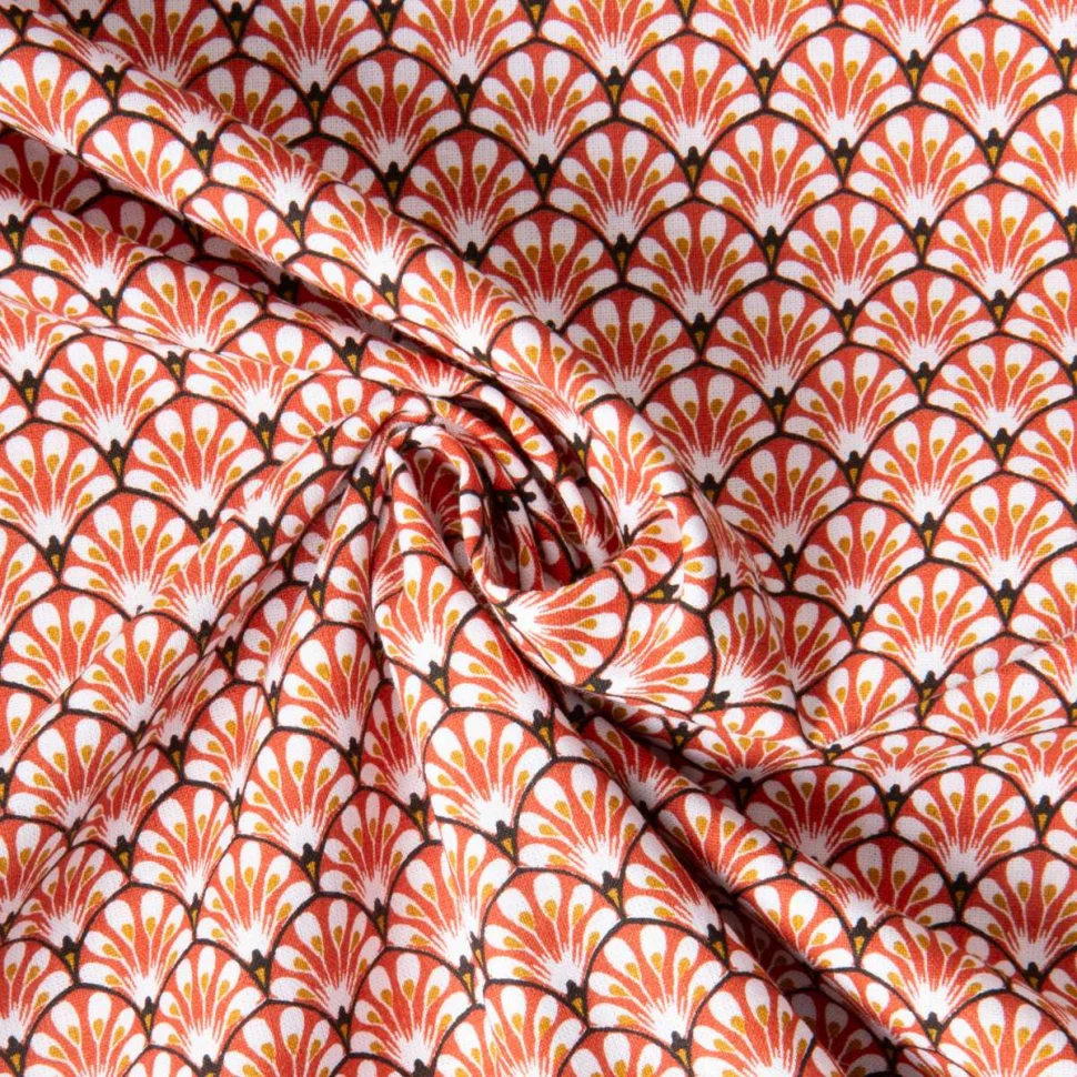 Coupon Tissu Coton imprimé Arty éventails Gaudi sur fond Terracotta - Coupon de 10 cm