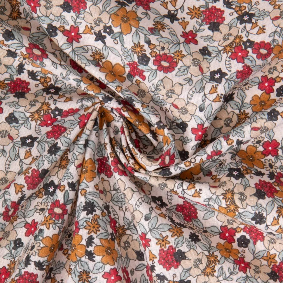 Tissu Coton imprimé Arty Agatha fleuris Ocre sur fond Blanc