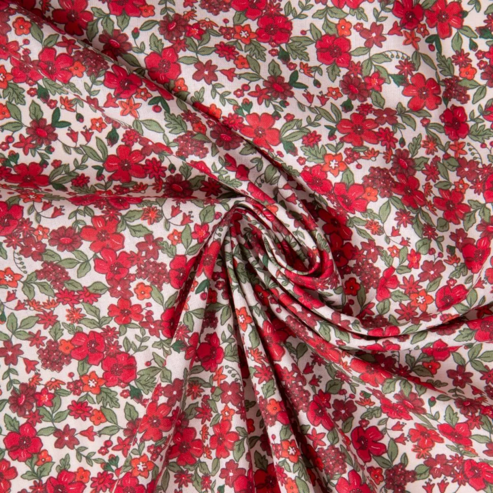 Tissu Coton imprimé Arty Agatha fleuris Rouge sur fond Blanc