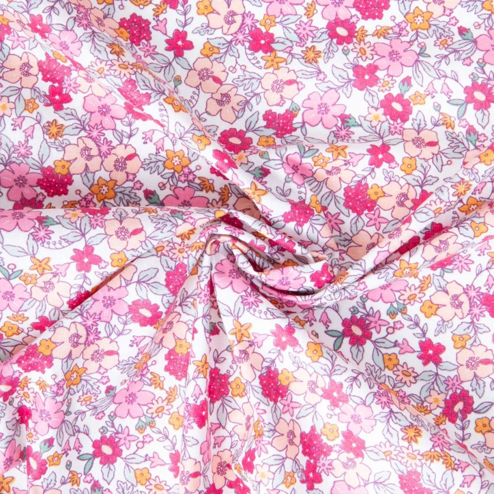 Tissu Coton enduit Agatha fleuris Rose sur fond Blanc