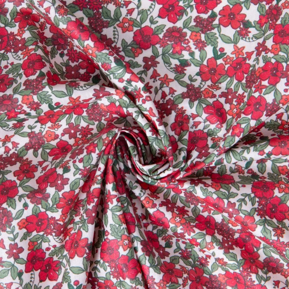 Tissu Coton enduit Agatha fleuris Rouge sur fond Blanc