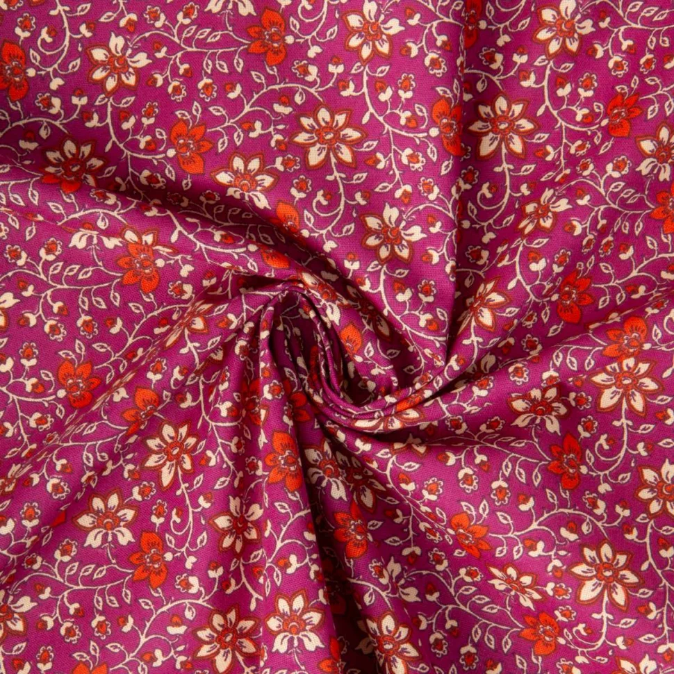 Tissu Coton imprimé Arty Goa fleuris sur fond Bordeaux