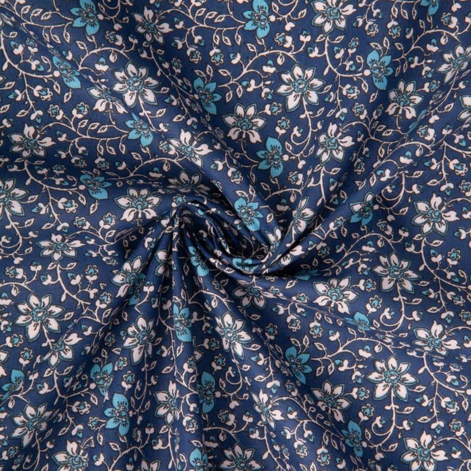 Tissu Coton imprimé Arty Goa fleuris sur fond Bleu marine