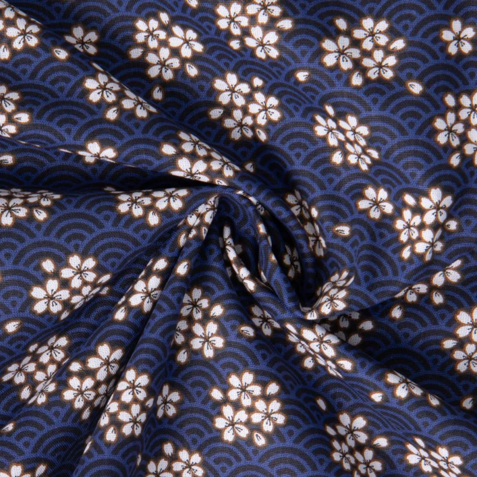 Tissu Coton imprimé Arty Washi éventail fleuris sur fond Bleu nuit