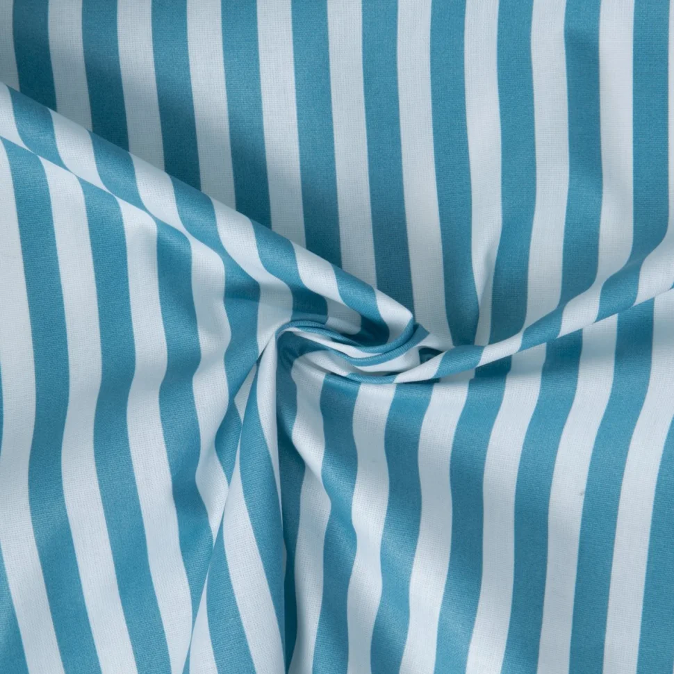 Tissu Coton enduit Camille rayures Bleu canard sur fond Blanc