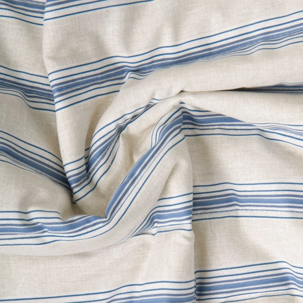 Coupon Tissu Coton Matelassé réversible Mathilda rayures Bleu sur fond Blanc cassé - Coupon de 20 cm