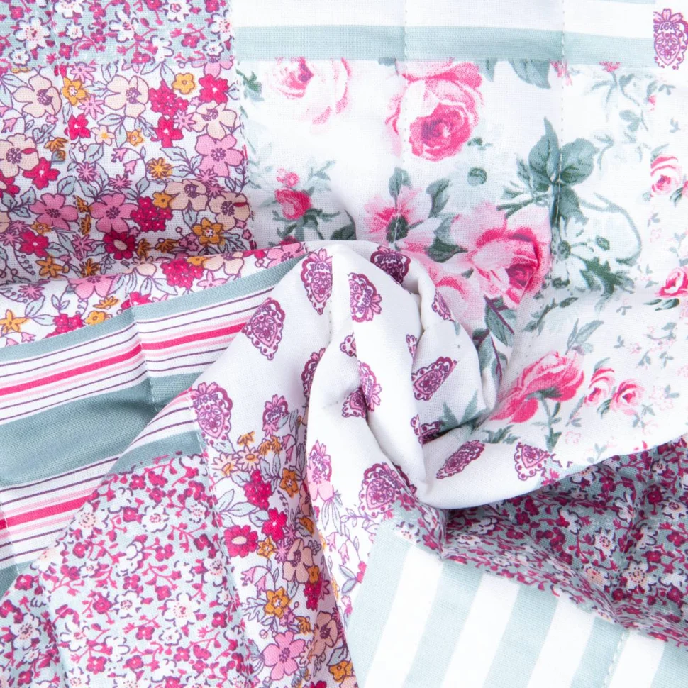 Tissu Coton Matelassé réversible patchwork végétal Rose sur fond Blanc