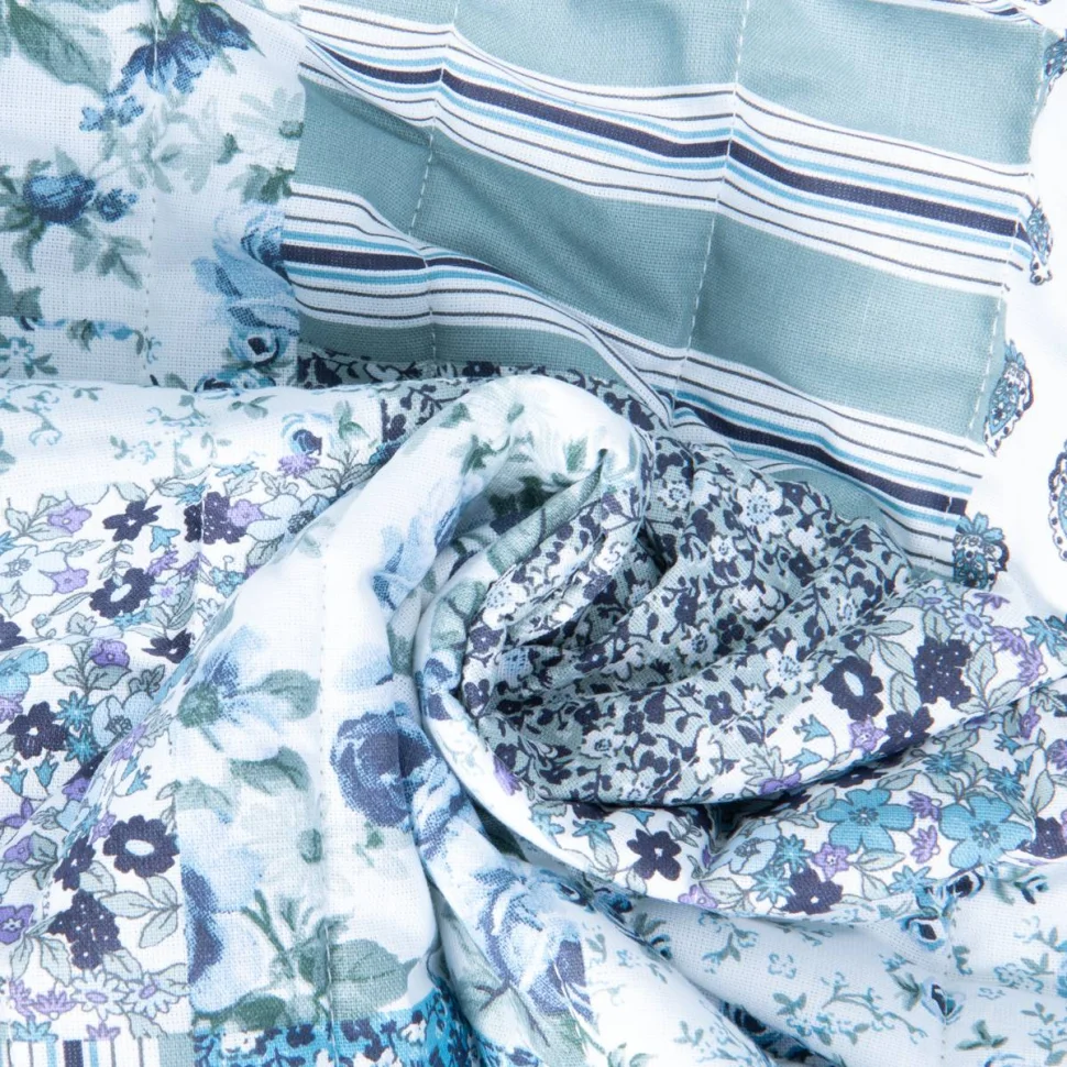 Tissu Coton Matelassé réversible patchwork végétal Bleu sur fond Blanc