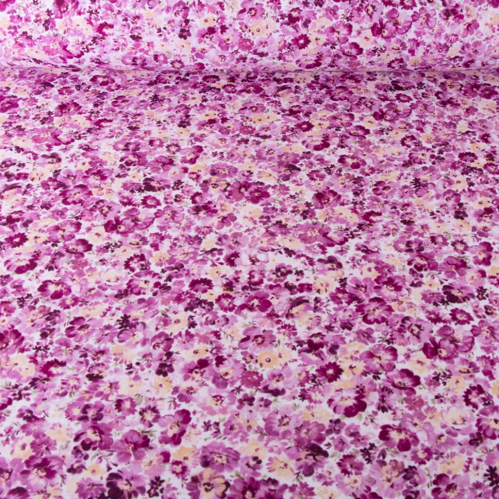 Tissu Viscose Sanfor Christy fleuris violine sur fond Blanc