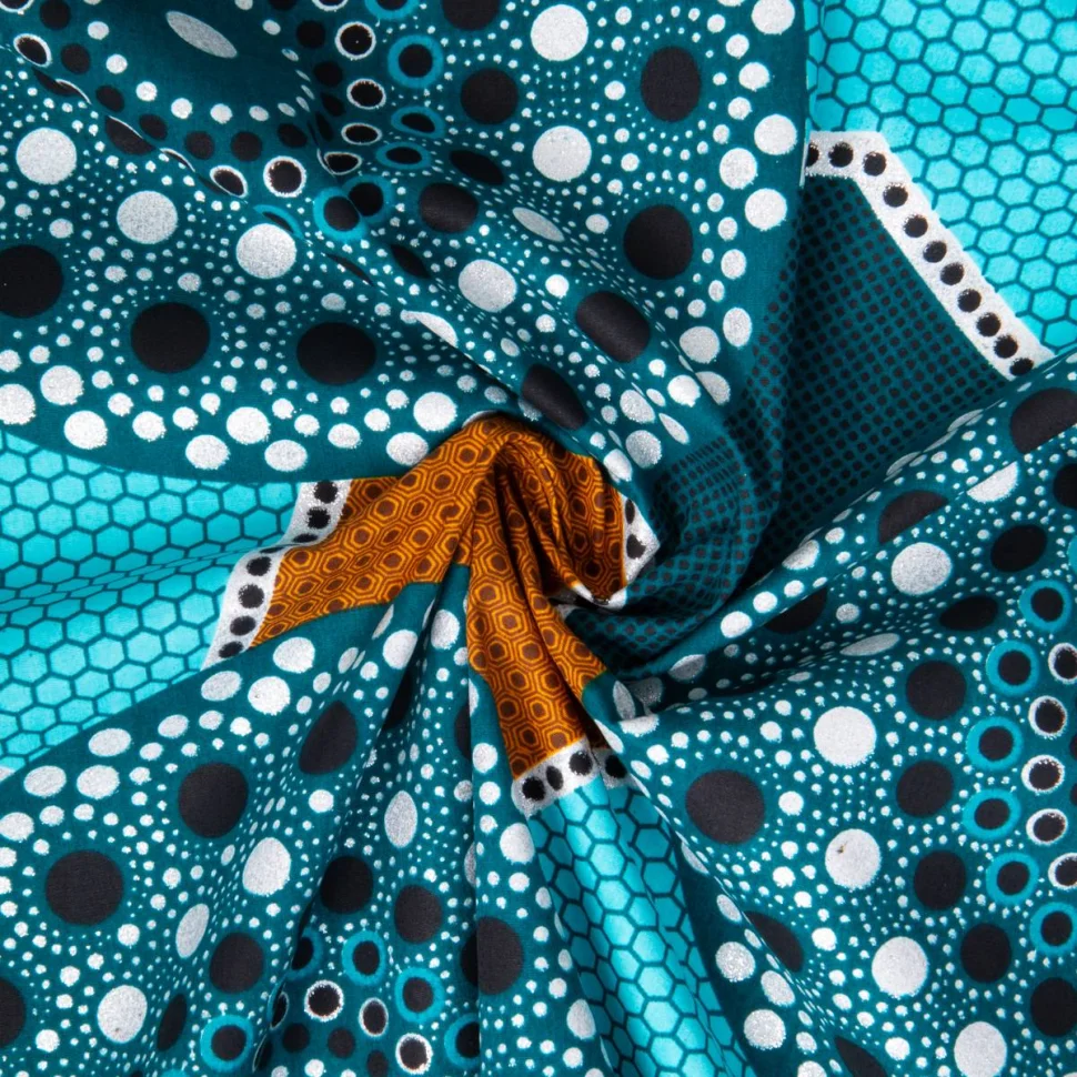 Tissu Coton Wax pailleté Baobab Turquoise