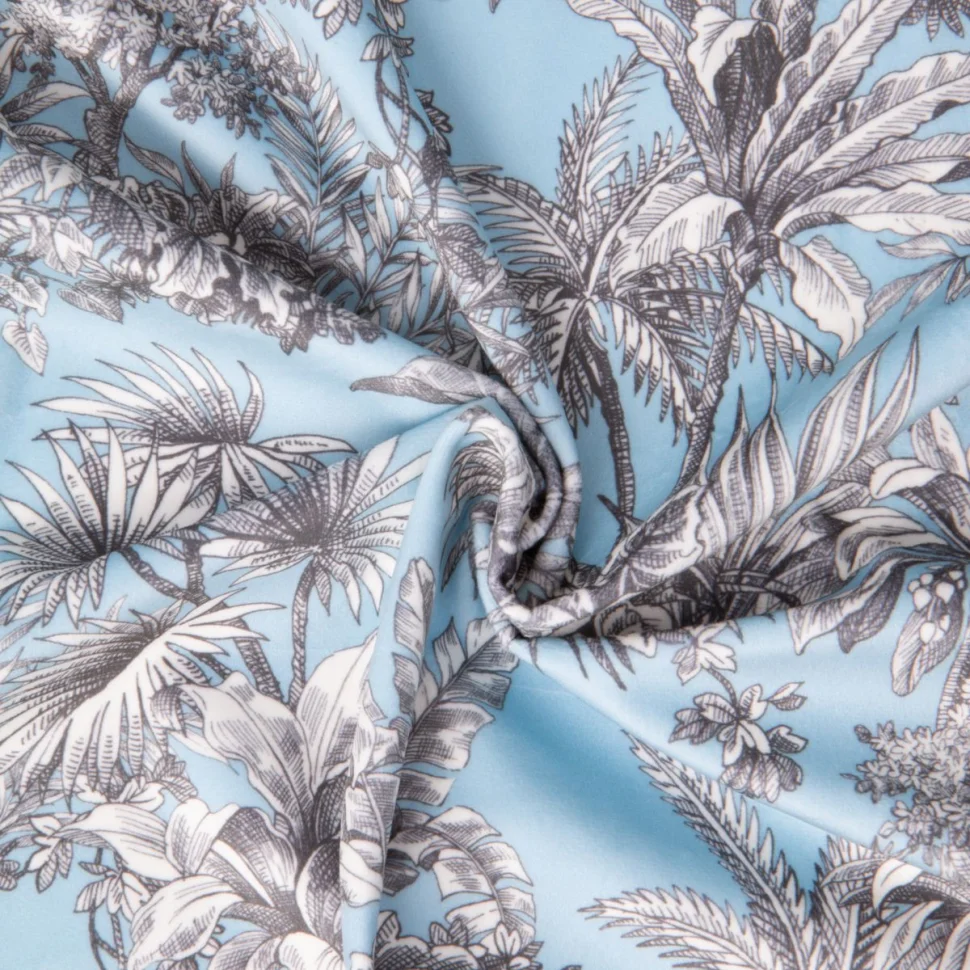 Tissu Velours ras d'ameublement imprimé Samarcande Gris sur fond Bleu ciel
