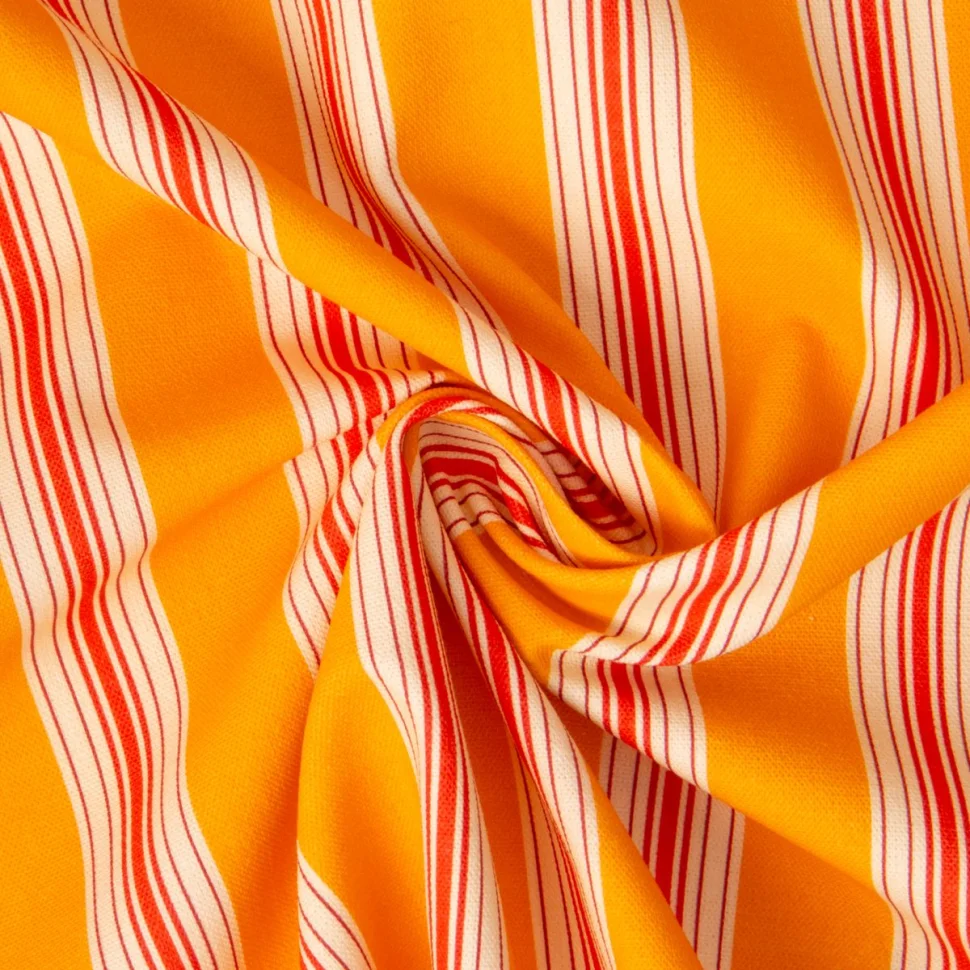 Tissu Toile de Coton Rayures Oranges sur fond Jaune moutarde