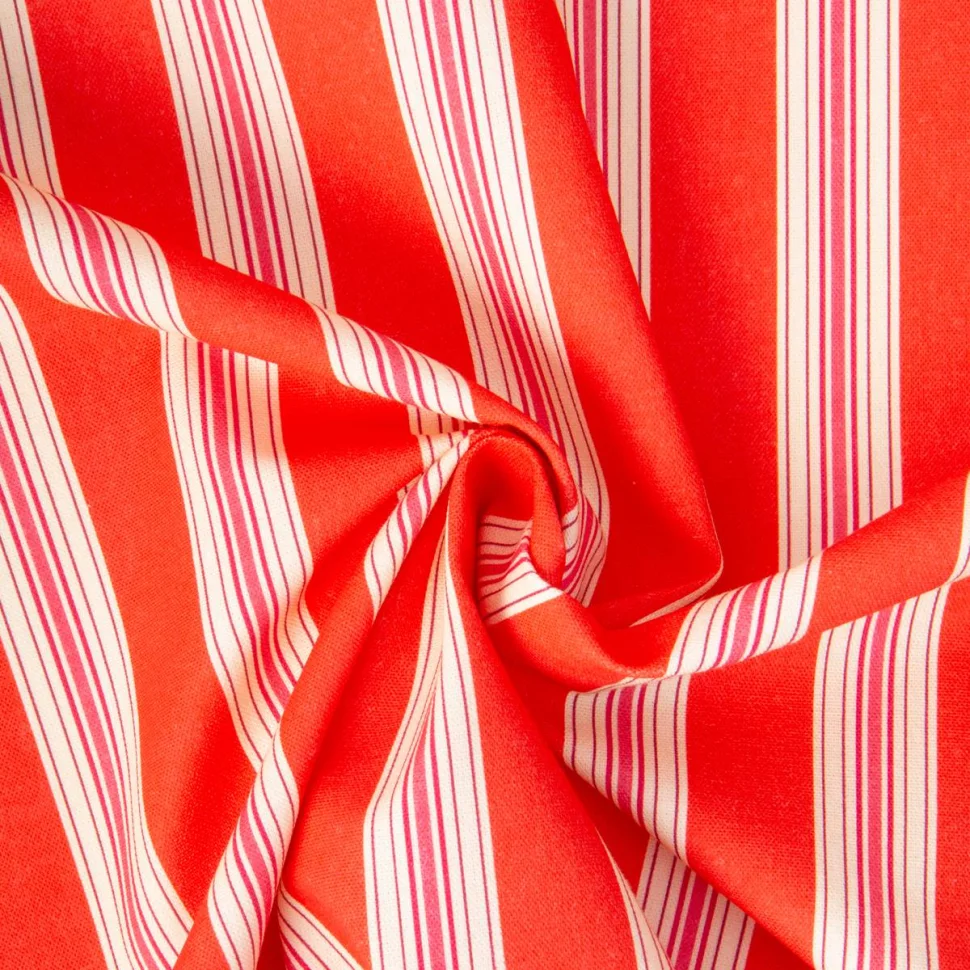 Tissu Toile de Coton rayures Rouge sur fond Paprika