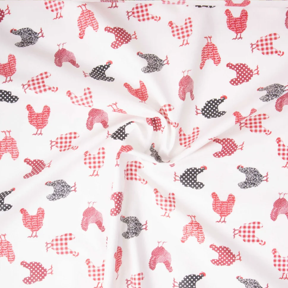 Tissu Coton Enduit Mini Poulettes rouges sur fond Naturel