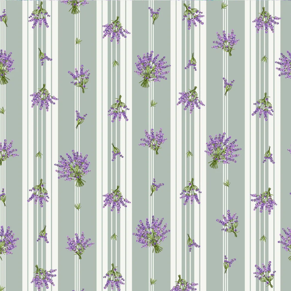 Tissu Coton Enduit Coutil de Provence rayé sauge sur fond Blanc