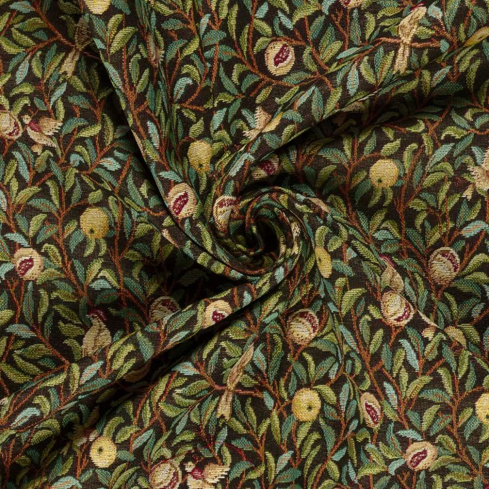 Tissu Jacquard Gobelin Polycoton Brooke grenades et oiseaux sur fond Marron chocolat