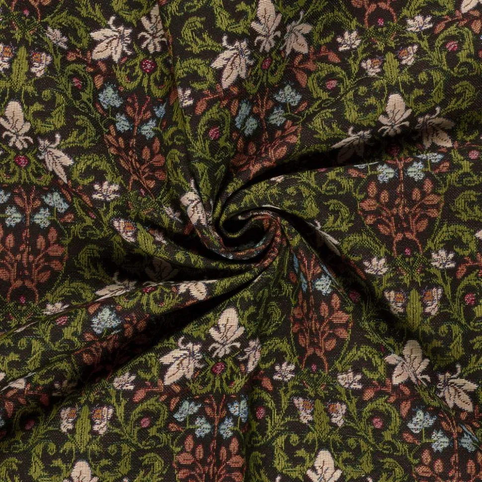 Tissu Jacquard Gobelin Polycoton Cristela floral vintage sur fond Noir