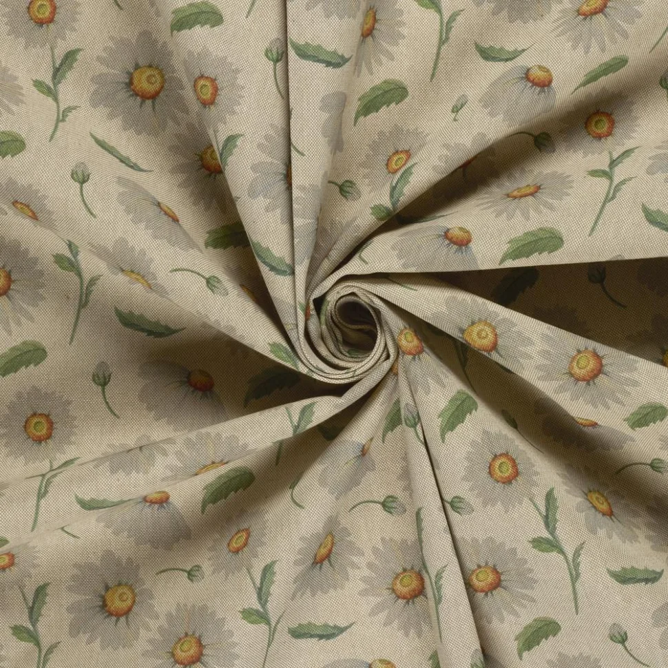 Tissu Toile de Coton recyclé aspect Lin digital Marguerite sur fond Naturel
