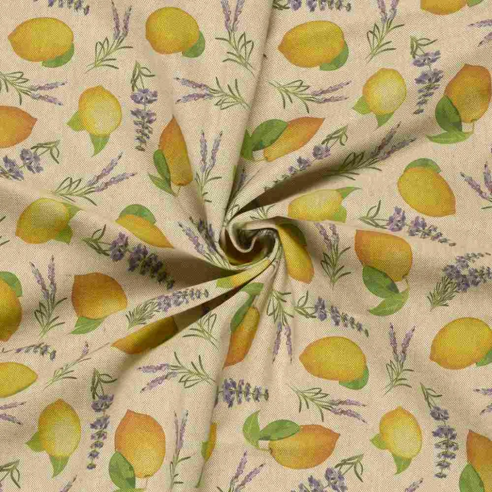 Tissu Toile de Coton recyclé aspect Lin Lemons esprit provençal sur fond Beige